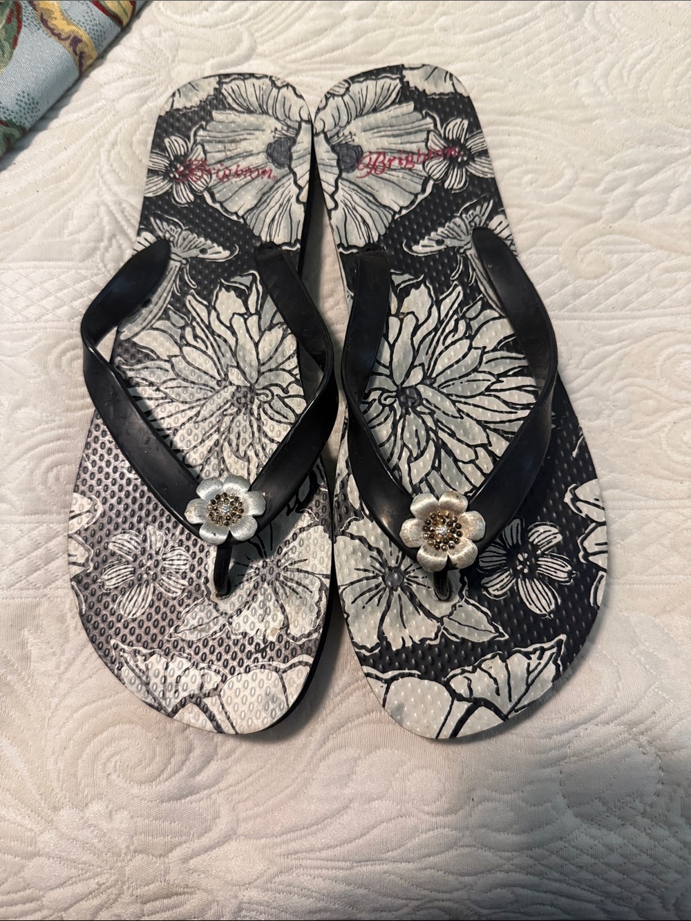 Brighton Black and White Floral Flip-Flop Sandals with Silver Flower Accent